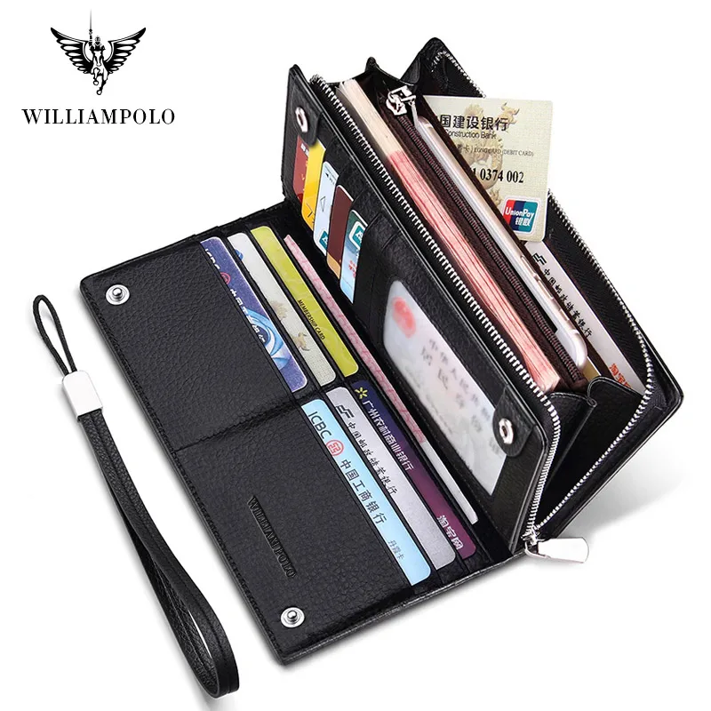 WilliamPOLO New Mens Wallet Zipper Hasp Long Genuine Leather Business Phone For Credit Cards Clutch Wallet Men POLO128A