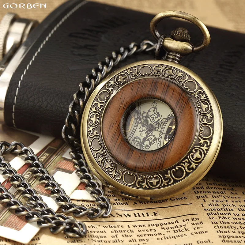 Retro Kayu Lingkaran Skeleton Pocket Watch Pria Wanita Unisex Mekanik Tangan Berliku Vintage Roman Angka Kalung Steampunk Watch