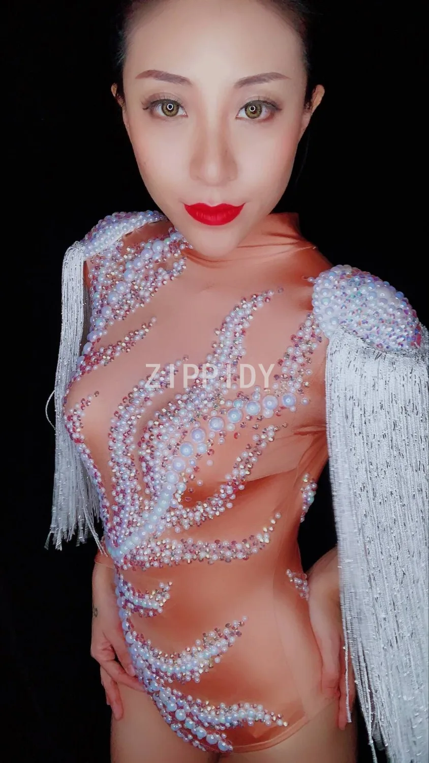 Bling Rhinestones Pearls White Tassel Spandex Bodysuit Female Singer Dancer Costume Nightclub Women\'s Party Show Bodysuit