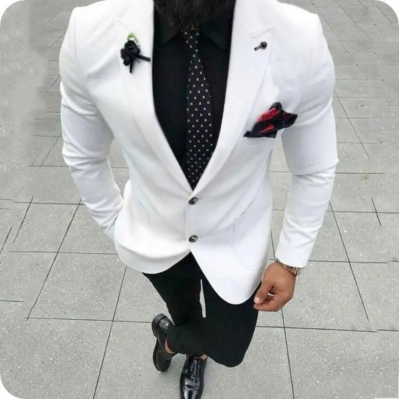 

Hot Recommend Two Buttons White Groom Tuxedos Groomsmen Peak Lapel Mens Suits Blazers (Jacket+Pants+Tie) W:894