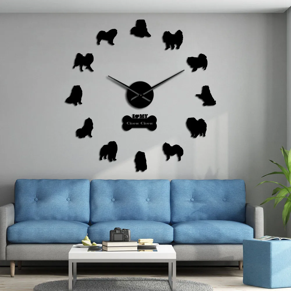 

3D Chow Chow Dog Mirror Stickers Large DIY Mute Wall Clock Dog Breed DIY Wall Art Frameless Giant Watch Decor Chow Owners Gift