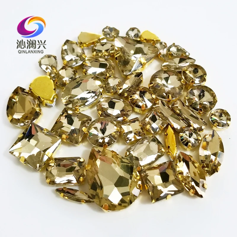 Shiny Mix Shape Top Crystals Glass Sewing Rhinestones for Needlework, Gold Bottom Light Coffee, DIY Clothing Accessories, 58Pcs