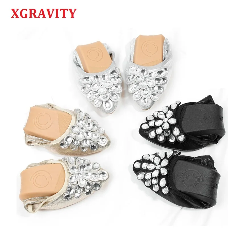 

XGRAVITY Hot Crystal Flats Ballet Floral Flat Shoes Rhinestone Women Designed Girl Flower Pointed Toe Golden Shoes Loafers C288