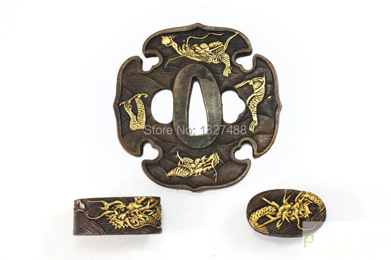 TFK029 SAMURAI KATANA WAVE & DRAGON TSUBA FUCHI KASHIRA KATANA FITTINGS FOR DIY