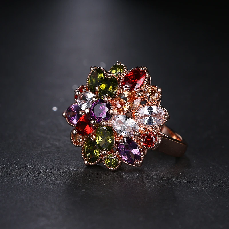 Emmaya Unique Design Top Sale Rose Gold Color Colorful AAA Zircon Wedding bijoux Flower Rings Jewelry For Women Gift Party