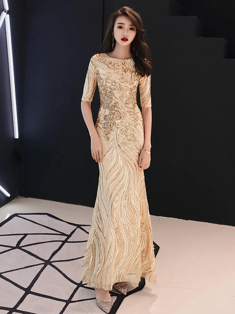 Weiyin – robe de soirée de forme sirène, tenue de soirée dorée, manches mi-longues, col rond, dos nu, paillettes, occasions spéciales, 2019, WY114