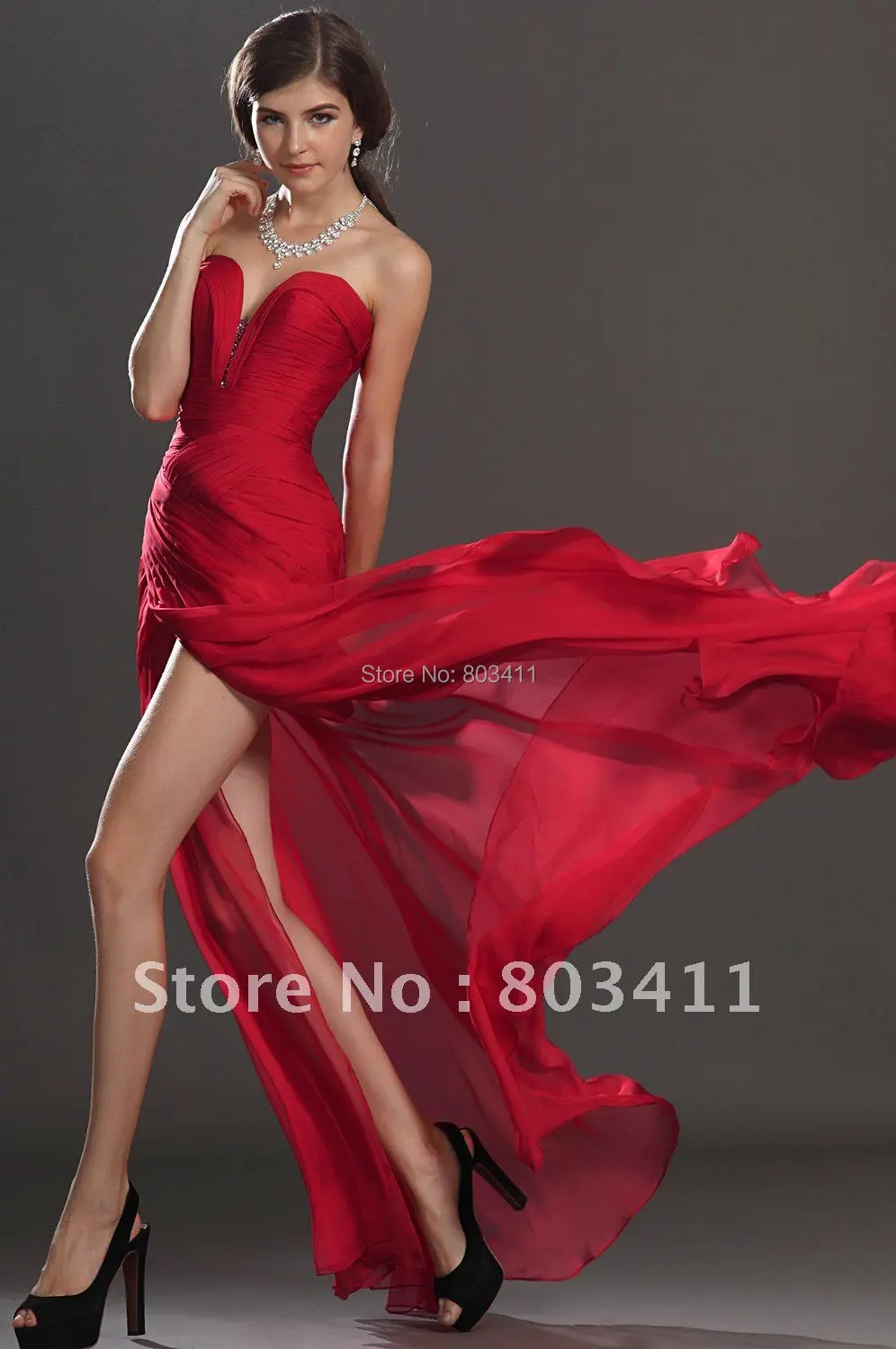 New Sexy High Slit Sweep Train Red Chiffon Evening Dress