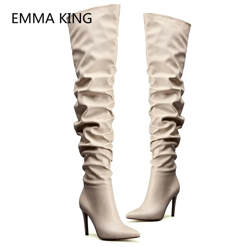 

2019 New Women Spring Over The Knee Boots Pointed Toe Sexy High Heels Ladies Autumn Pleated Shoes Woman Runway Thigh High Boots