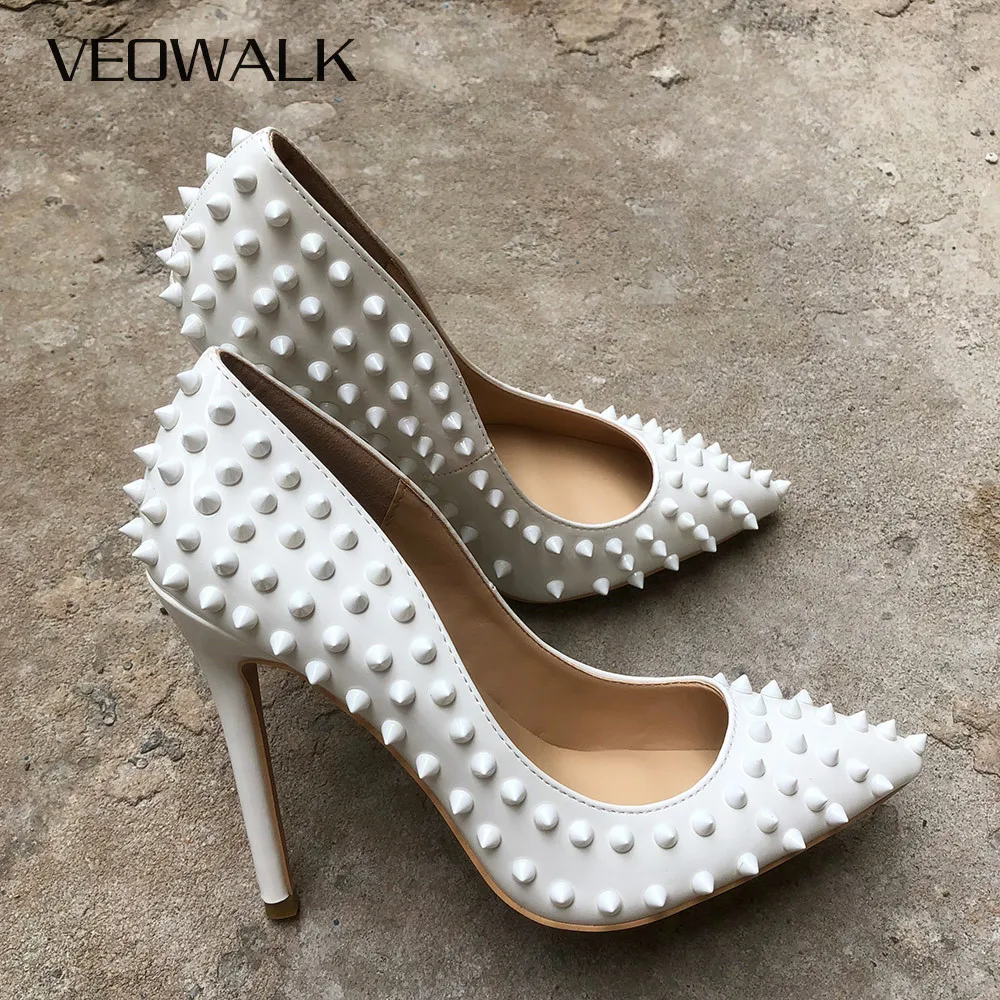 Veowalk White Spikes Women Pointed Toe Stilettos Sexy High Heels Rivets Ladies Slip-on Pumps Night Club Shoes 12/10/8cm Optional