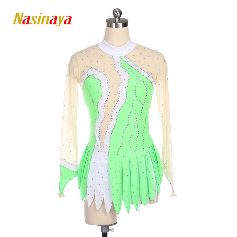 Figure Skating Dress Long Sleeves Nude Mesh Tutu Skirt Children Performance Wear Skating Dress