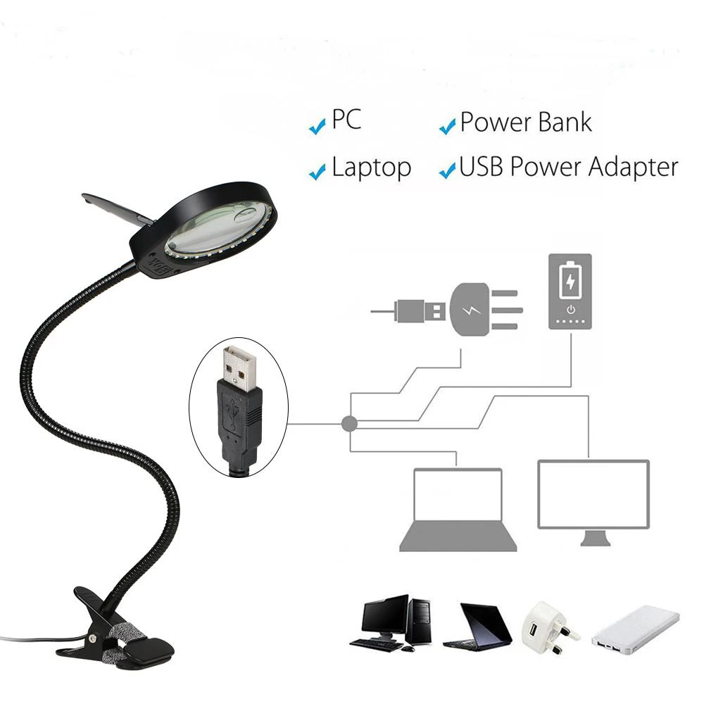 

Multi-function Dual Lens 3X and 10X Magnifying Glass Clip Magnifier LED lamp With Adjustalble Light for Reading-Black