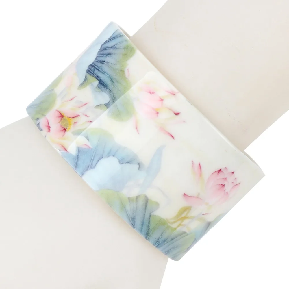 Bonsny Plastic Chinese Lotus Ink and Wash Painting Bangles Bracelets Traditional Ethnic Jewelry For Women Girls Ladies Wholesale