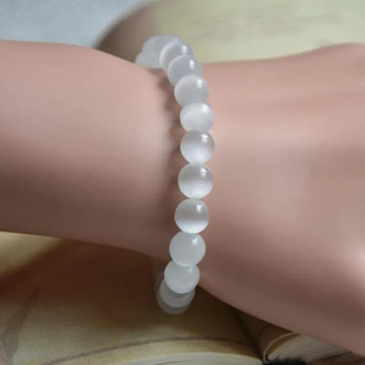 Vintage Natural Cat\'s Eye Stone Balls Bracelet & Bangle Brief White Opal Beads 6/8/10/12mm Wristband Hand Chain For Women