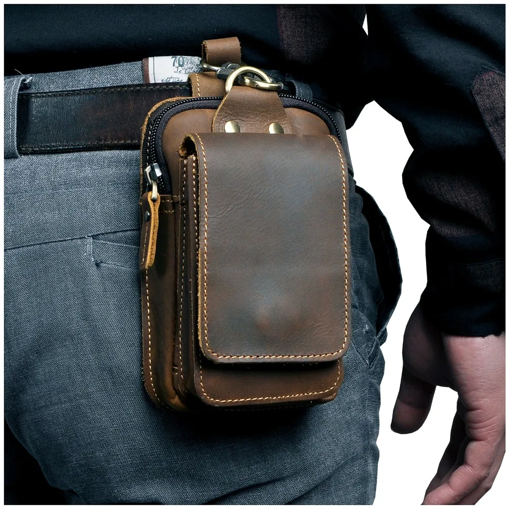 Real Leather men Casual Design Small Waist Bag Cowhide Fashion Hook Bum Bag Waist Belt Pack Cigarette Case 5.5\