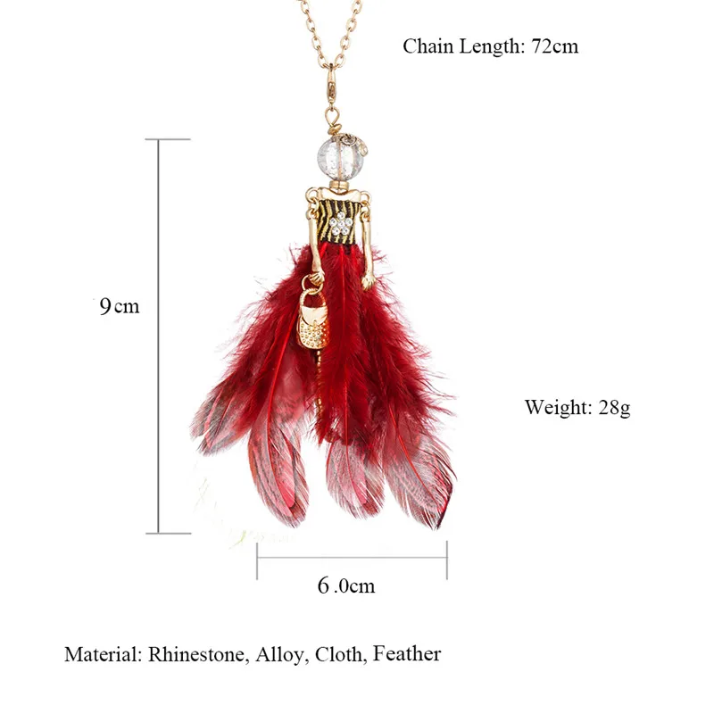 Rhinestone Feather Long Dress Dancing Girl Statement Necklace Paris Girl Doll Pendant Long Chain Necklace For Women Maxi Jewelry