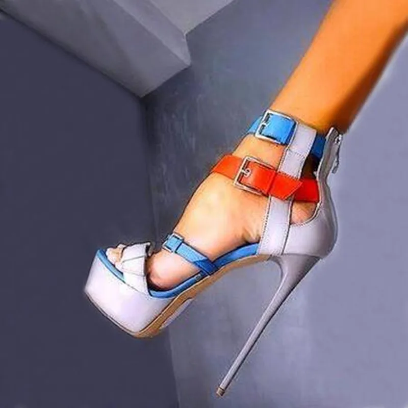

Sexy Multi Contrast Colors Leather Crossed Buckle Sandals Platform High Heels Peep toe Gladiator Super Heels Ladies Sandals