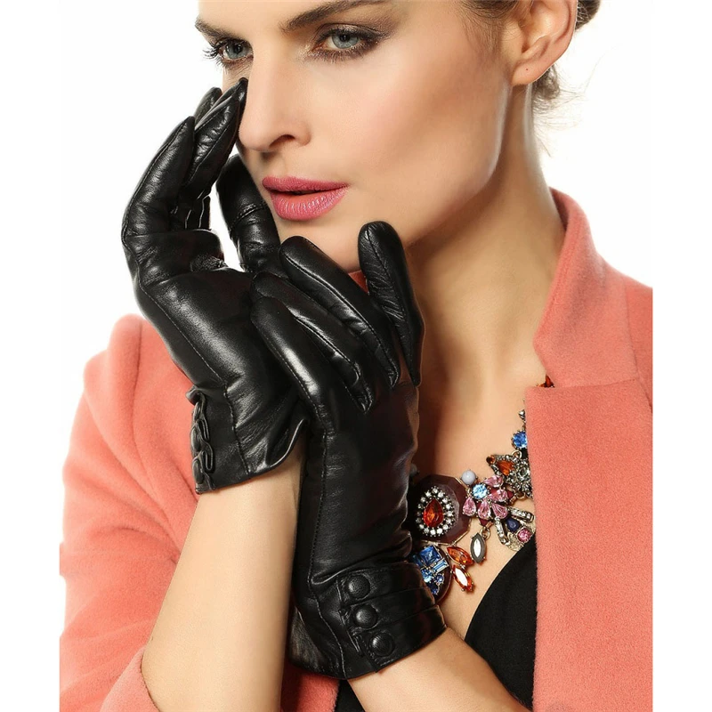 Fashion Autumn Winter Women's Genuine Leather Gloves Female Brand Warm Velvet Black Gloves Goatskin Mittens L003NC