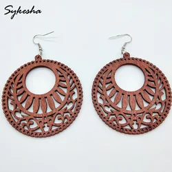 National Retro Wood Cut Tree Leaves Hollow Round Drop Earrings Wooden Indian Africa Jewelry