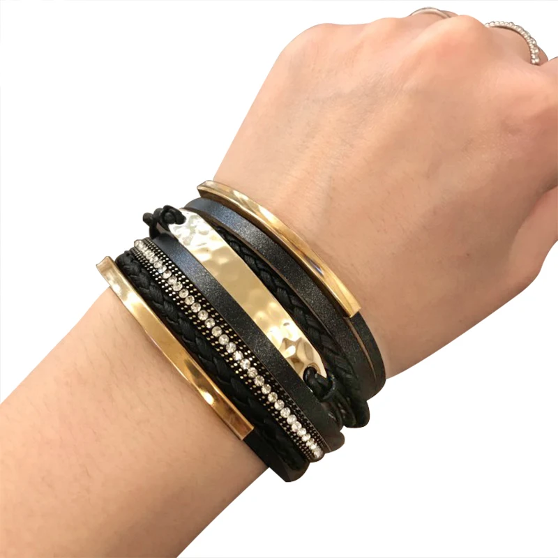 ALLYES Multilayer Leather Bracelet for Men Metal Bar Charm Black Braided Wide Wrap Man Bracelets & Bangles Boho Punk Jewelry