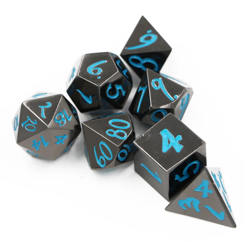 Imdg 7 Pcs/set Kreatif RPG Permainan Dadu Polyhedron Logam Dadu DND Besar Jenis Huruf Nikel Warna Biru Digital Permainan Dadu