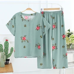 New Female Pajamas Set Sleepwear Women Cotton Linen Print Flower Pyjamas Summer Casual Loose Nightwear Home Wear