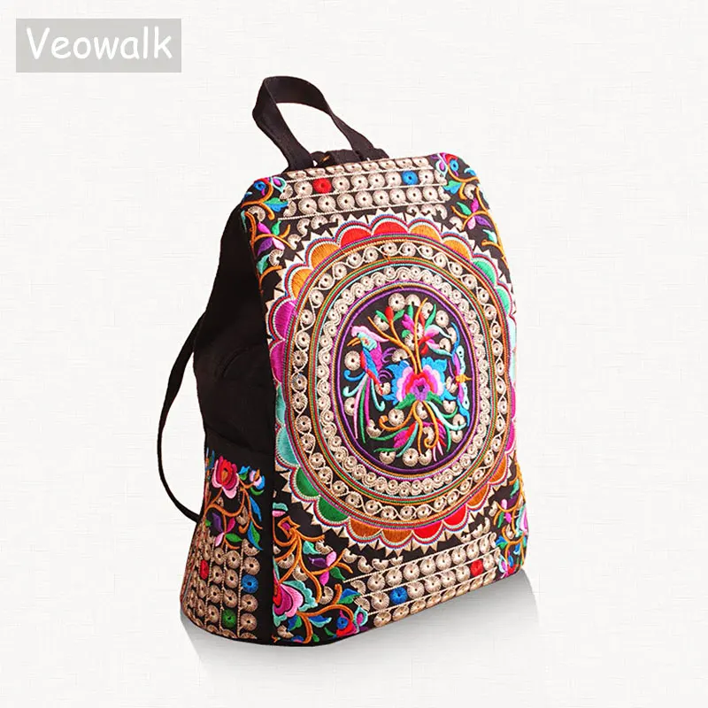 Veowalk Vintage Artistic Embroidered Women Canvas Backpacks Handmade Floral Embroidery Rucksack Schoolbag Denim Travel Bags