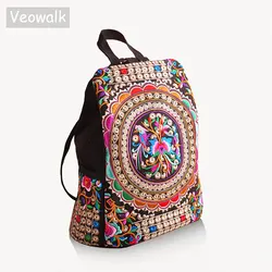 Veowalk Vintage Artistic Embroidered Women Canvas Backpacks Handmade Floral Embroidery Rucksack Schoolbag Denim Travel Bags