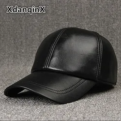 XdanqinX 2024 New Style Winter Men's Hat Thicken Warm Genuine Leather Baseball Caps Snapback Tongue Cap Adjustable Size Dad Hats