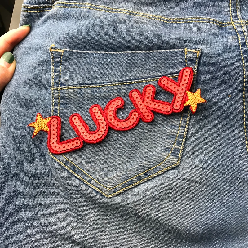 AHYONNIEX Brand Iron on Patches Sequins Badge Applique For Clothes Embroidery Letter Sew On Accessories Fashion Lucky patch