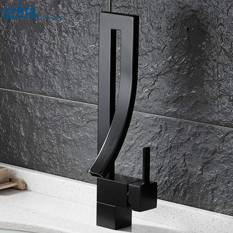 

Azeta Modern Style Kitchen Faucets Brass Black Single Handle Deck Mounted Cold and Hot Water Kitchen Tap Torneira MK9934B