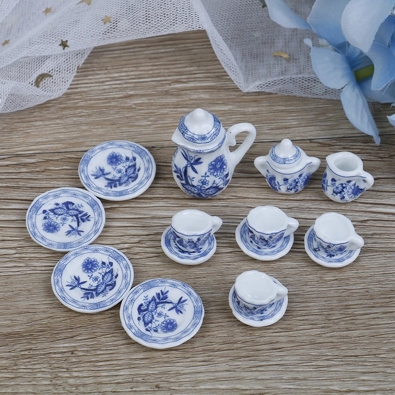 15Pcs/set Flower Patten Porcelain Coffee Tea Cups Ceramic Tableware Scale 1/12 Miniature Kitchen Accessories