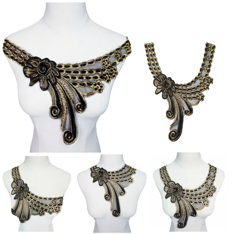 37CM Embroidered Flowers Collar Black Gold Varied Lace Trims Appliques Mesh Sew On Patch For Wedding Evening Dress DIY