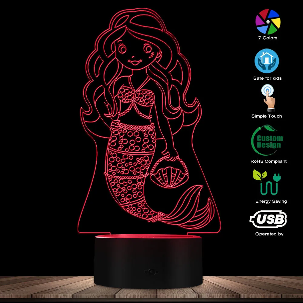 Fashion Fairy Mermaid Led Night Lamp 3D Mermaid Beauty Desk Lamp Optical Illusion Decorative Lighting Gift For Mermaid Lovers