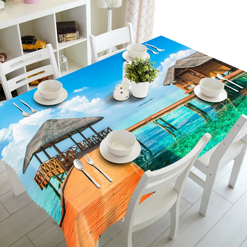 3D Tablecloth Beachfront Beach Landscape Pattern Polyester Dustproof Rectangle Table Cloth Christmas New Year Gift
