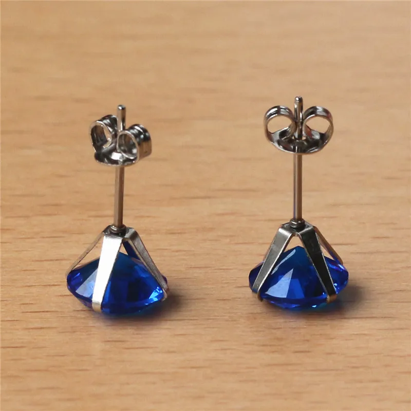 316 L Stainless Steel With 8mm Round AAA New Royal Blue Zircon Stud Earrings For Men And Women 201903011414 - view 5