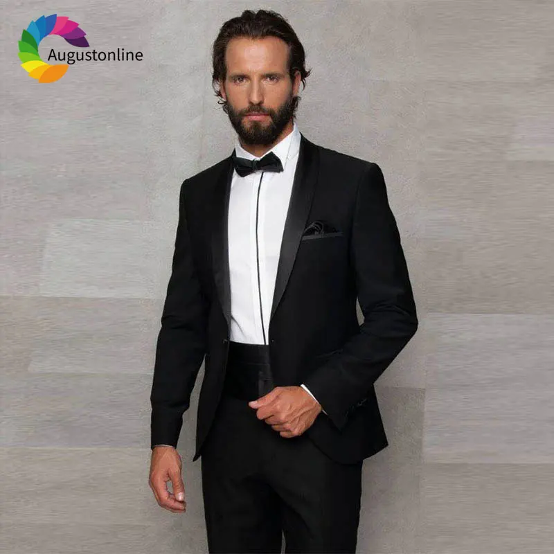 

Black Wedding Suits for Men Blazer Groom Tuxedo Shawl Lapel Jacket Pants 2Piece Slim Fit Masculino Custom Made Costume Homme