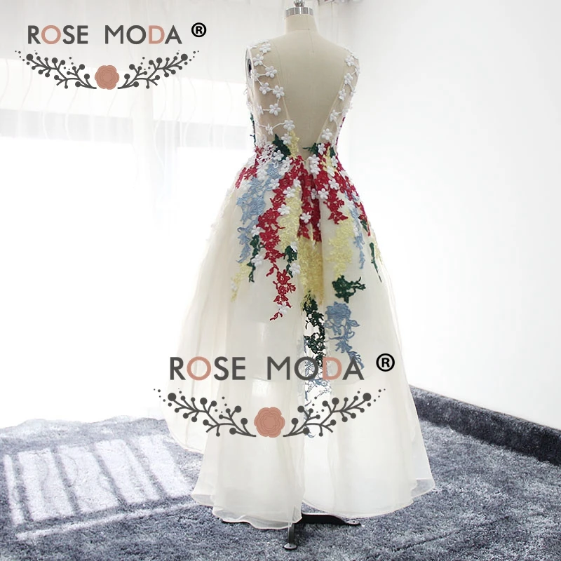 Rosa moda multi laços coloridos alta baixa graduação vestido baixo v volta 3d flores fotos reais