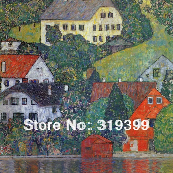 

Oil Painting reproduction on Linen Canvas,Houses in Unterach on Lake Attersee,Free fastship,Handmade,Museam