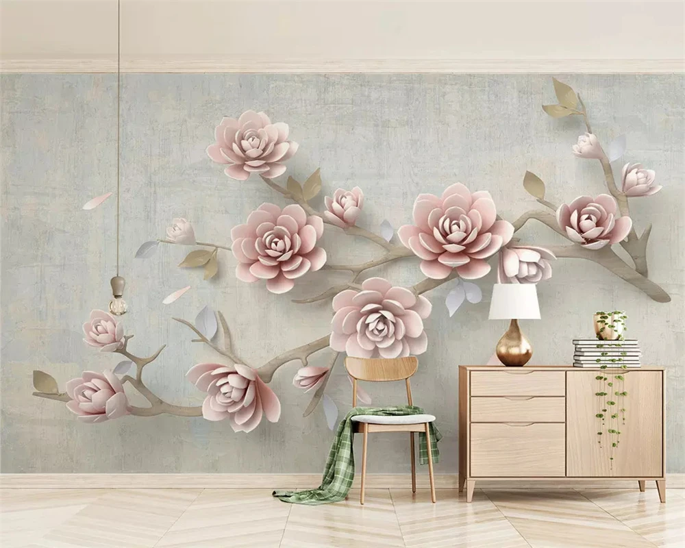 

beibehang Custom decorative painting wallpaper beautiful pink embossed flower twig TV background wall papers home decor behang