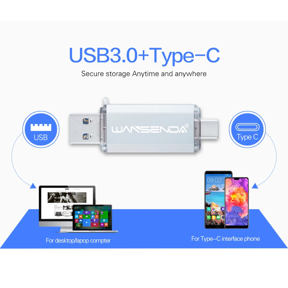 WANSENDA OTG Type-C USB Flash Drive 512GB 256GB USB 3.0 Pen Drive 128GB Cle USB Stick 64GB 32GB 16GB Pendrive for Type-C/PC