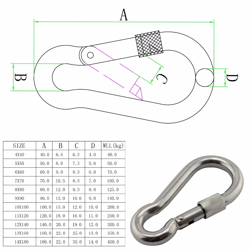 Stainless Nut Bolted Snap Hook Carabiner SUS304/316 Stainless Steel 8*80mm DIN5299C Spring Snap Hooks with Safety Nut 20pcs