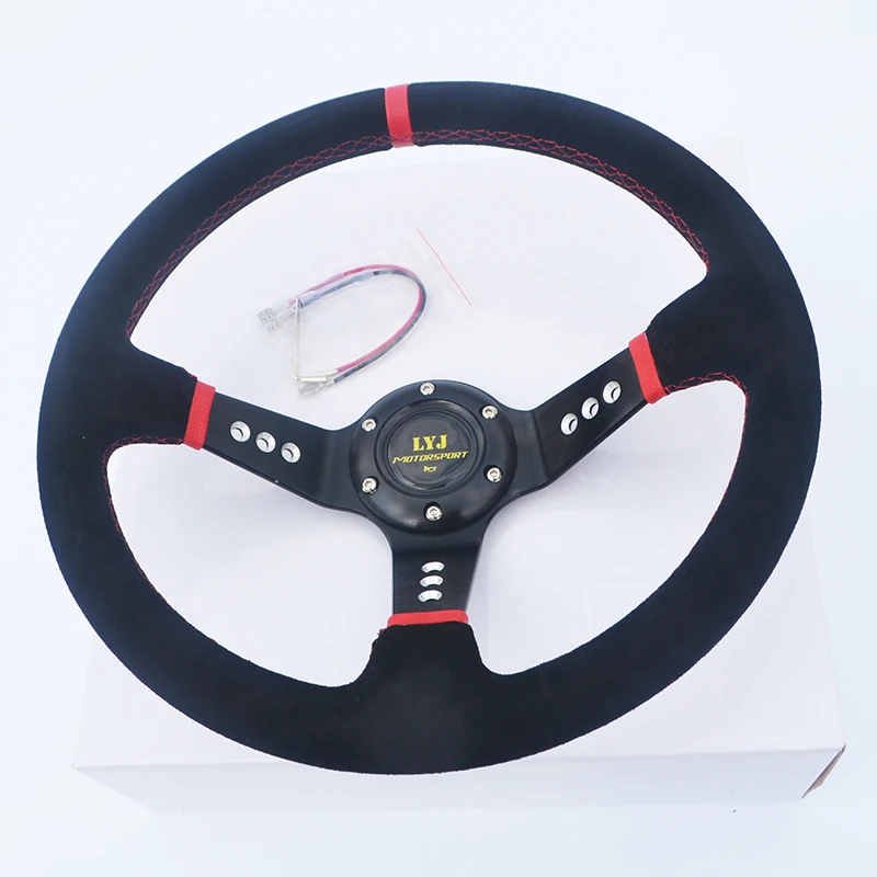 Hot 350mm Deep Dish Red Stitch Car Steering Wheel 6 Holes Suede Leather Racing Steering Wheel