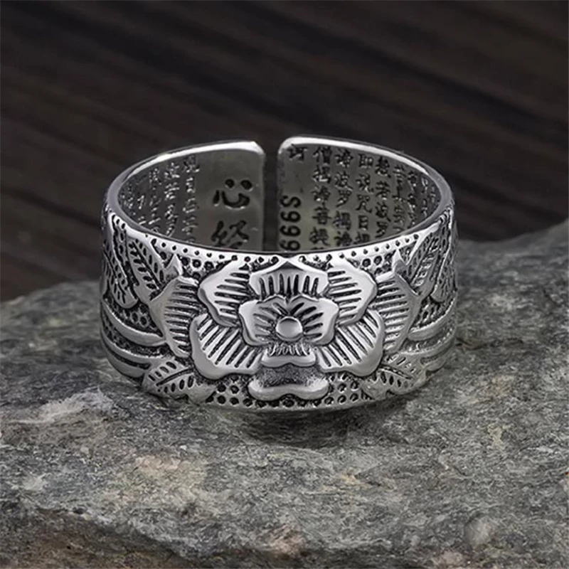 KOFSAC Thai 925 Sterling Silver Jewelry Open Ring Vintage Amulet Buddha Lotus Baltic Buddhist Scriptures Rings For Men Women