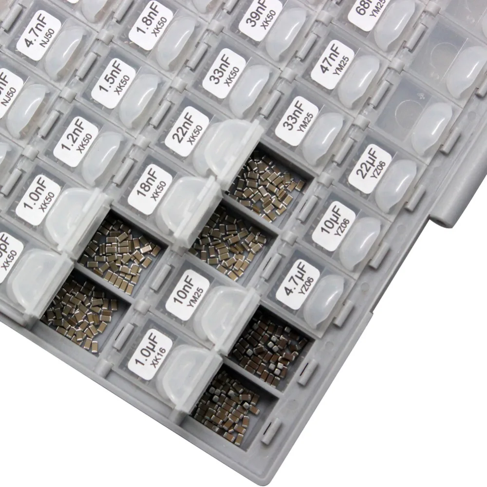 AideTek SMD 1206 Capacitor box  Kits up to 22uF 89V x 50pcs X7R NPO Distributed assorted capacitor organizzation storage C1250