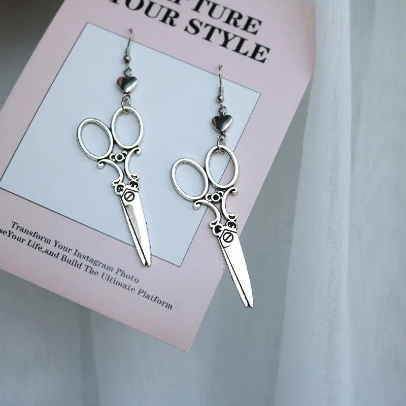 Vintage Silver-color Creative Interesting Earrings For Women Spoon Fork Triangle Ruler Scissors Pendant Earrings Charm Jewelry