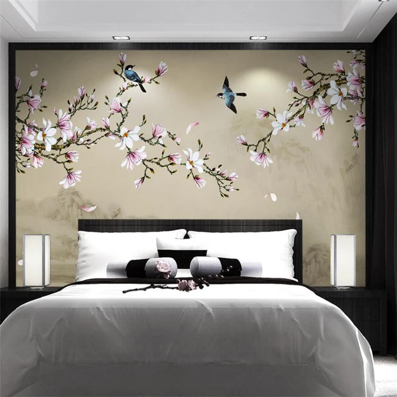 wellyu Customized large-scale murals new Chinese style hand painted magnolia flowers and birds green background wallpaper