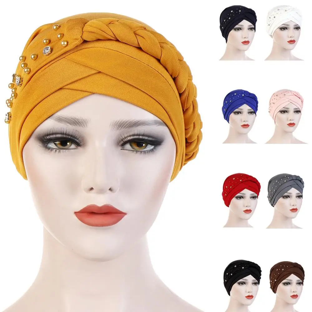 Women Lady Beads Muslim Braid Head Turban Wrap Cover Cancer Chemo Islamic Arab Cap Hat Hair Loss Bonnet Beanies Fashion