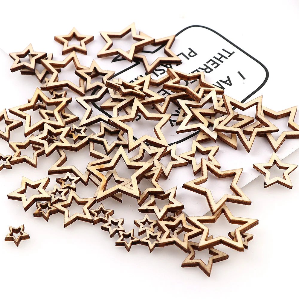 Mix Size 100pcs Hollowed Stars Wooden Crafts For Arts Scrapbooking Embellishments Wedding DIY Wood Slices Home Decoration