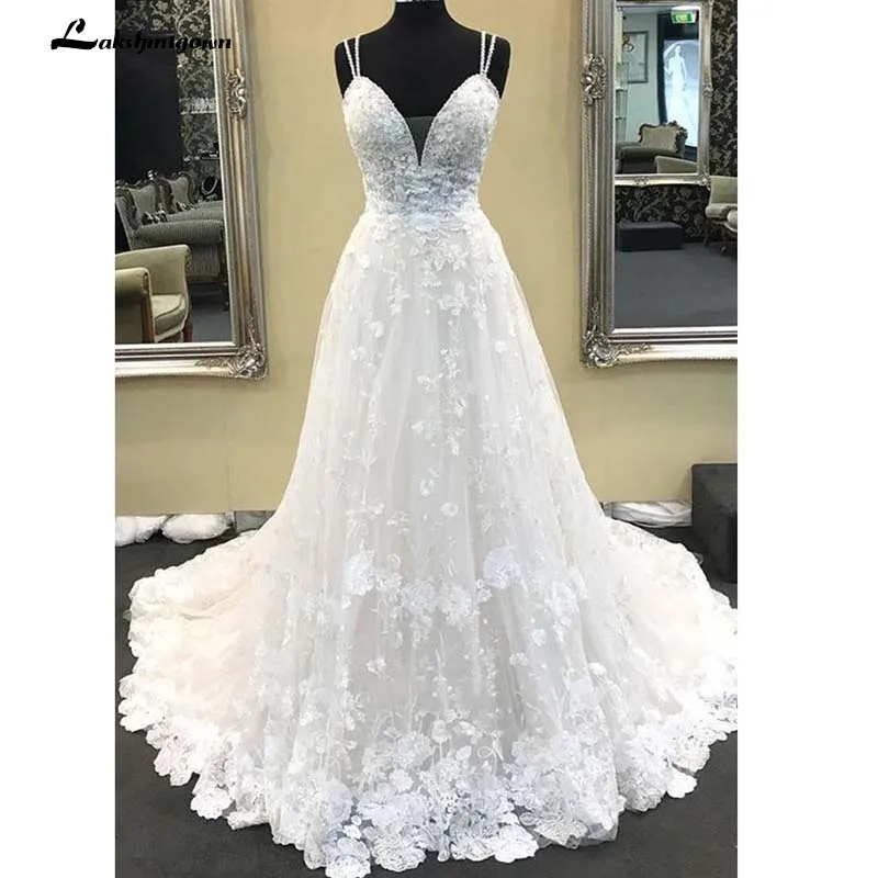 Cintas de espaguete rendas vestidos de casamento com decote em v branco renda vestidos de casamento longos applique fora branco tule mariage vestido de noiva longo