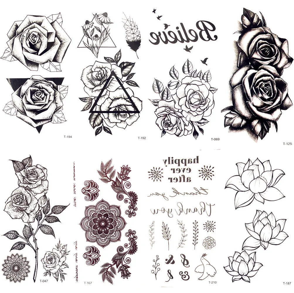 Black Triangle Rose Flower Temporary Tattoo Summer Feather Birds Tattoo Stickers Women Party Waterproof Tatto Girls Body Arm Art